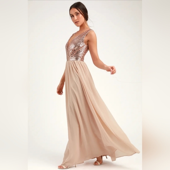 Lulus Dresses & Skirts - NWT Lulus Elegant Encounter Rose Gold Sequin Maxi Dress Size L